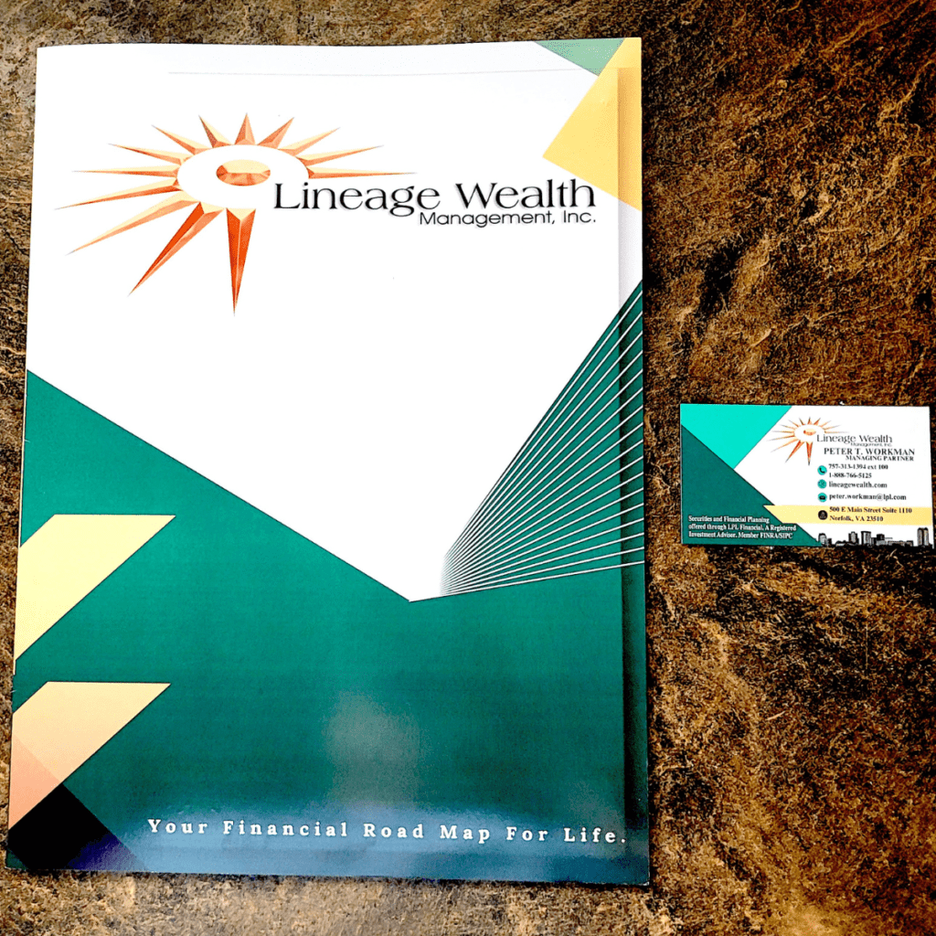 Photo of a matching folder and business card designed in green and gold elements and bearing the Lineage Wealth Management logo and word mark. Photo links to a branding case study in my portfolio.