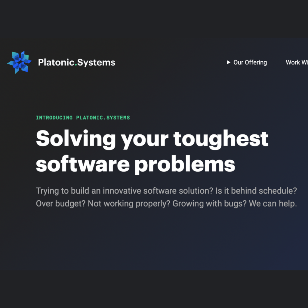 Screenshot from the platonic.systems home page, which links to the copywriting case study in my portfolio.  